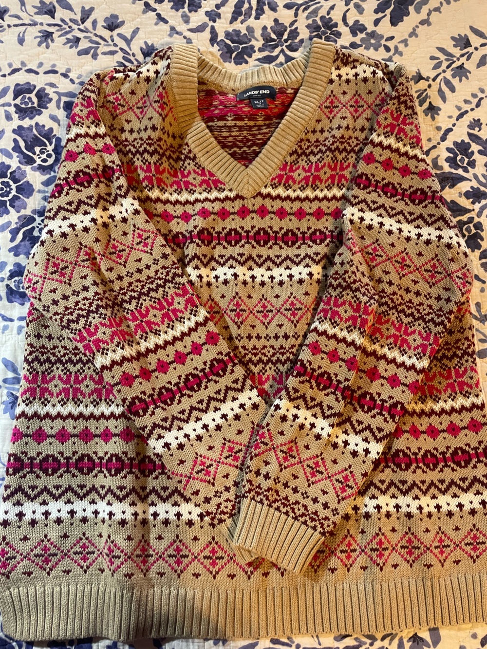 Lands' End V-Neck Fair Isle Sweater Women’s XL Tall